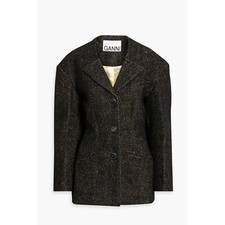 Ganni Herringbone Structured Blazer Black Eu 40 / Us 8-10 Cinch Waist Hourglass