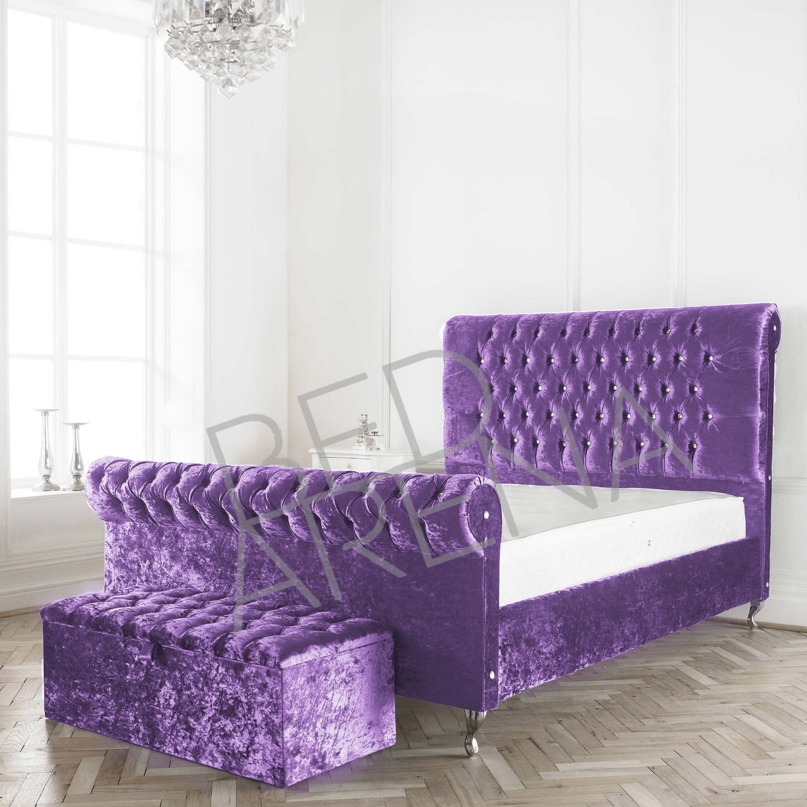 LILAC CRUSHED VELVET UPHOLSTERED BURLINGTON BED + MATTRESS + BUTTON