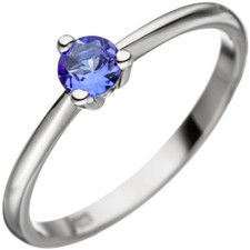 Solitario Anello Donna Con Tanzanite Blu, 585 Oro Bianco Tansanitring