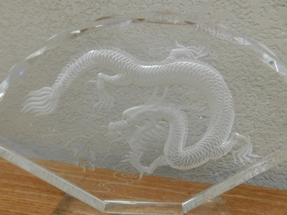 Heavy Engraved Chinese Crystal Dragon Display Decor Glass Crystal Table . - Image 2 of 4