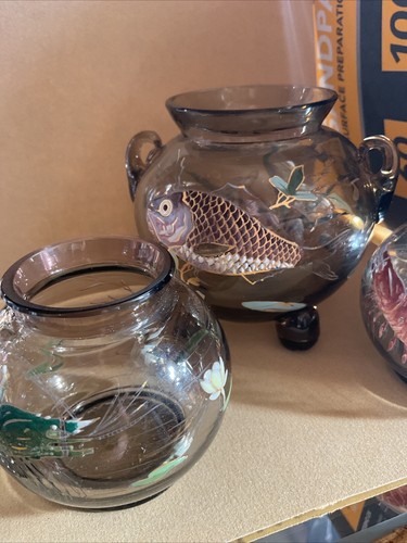 3 X Antique Moser Fish ,shrimp,Raised Enamel Aquatic Plants 19th/20th Century - Picture 14 of 24