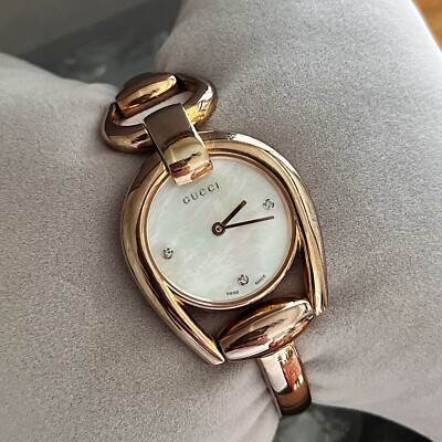 GUCCI Pink Gold Shell Dial 3P Diamonds QZ Women's Bangle Watch