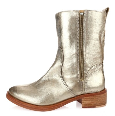 Tory Burch Halle Gold Leather Pull On Short Zip Up Low Heel Moto Boots Size 6.5