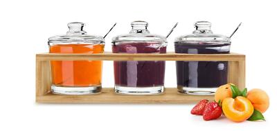 3 Gewürzgläser mit Holzgestell und Löffeln Marmeladendosen Zuckerdose Menage Set