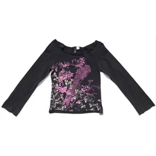 H&M Divided graphic print t-shirt women size S black purple bird long sleeve