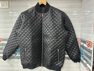Herren Bomberjacke schwarz 100% echtes Lammleder Leder gesteppt Winter Biker ...