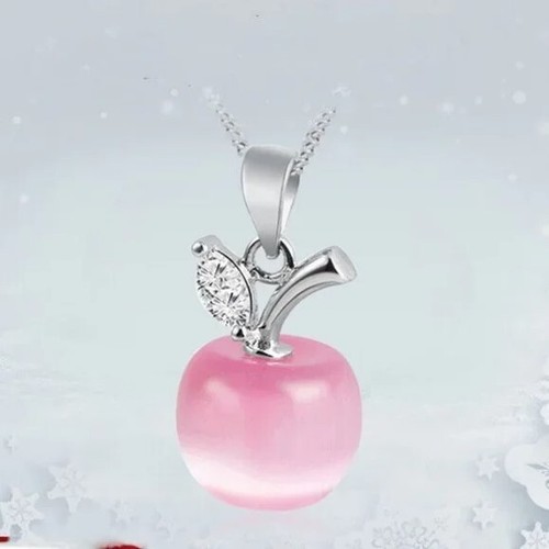 Pink/Red Apple Pendant Necklace - Beautiful Crystal Gift, Teacher, Fruit - Picture 6 of 8