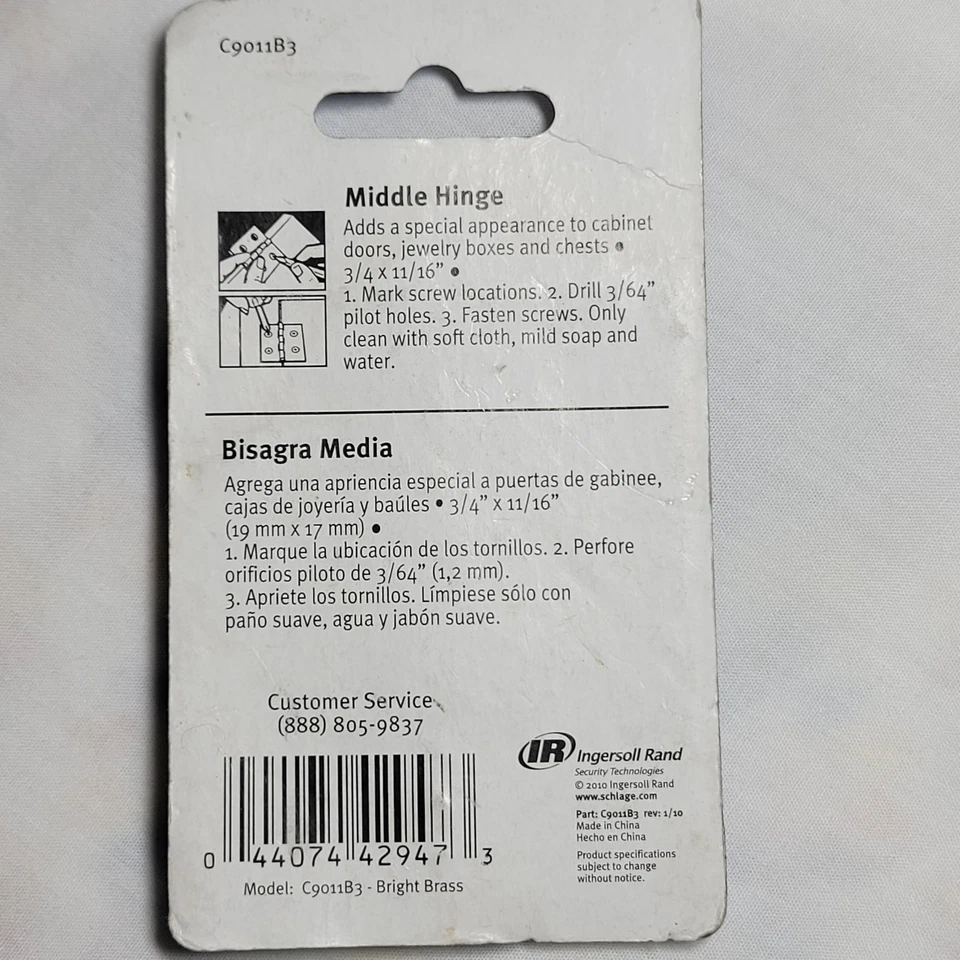 SCHLAGE MIDDLE HINGE BRIGHT BRASS  4 PER PACK W/SCREWS Model C9011B3 - Image 2 of 2