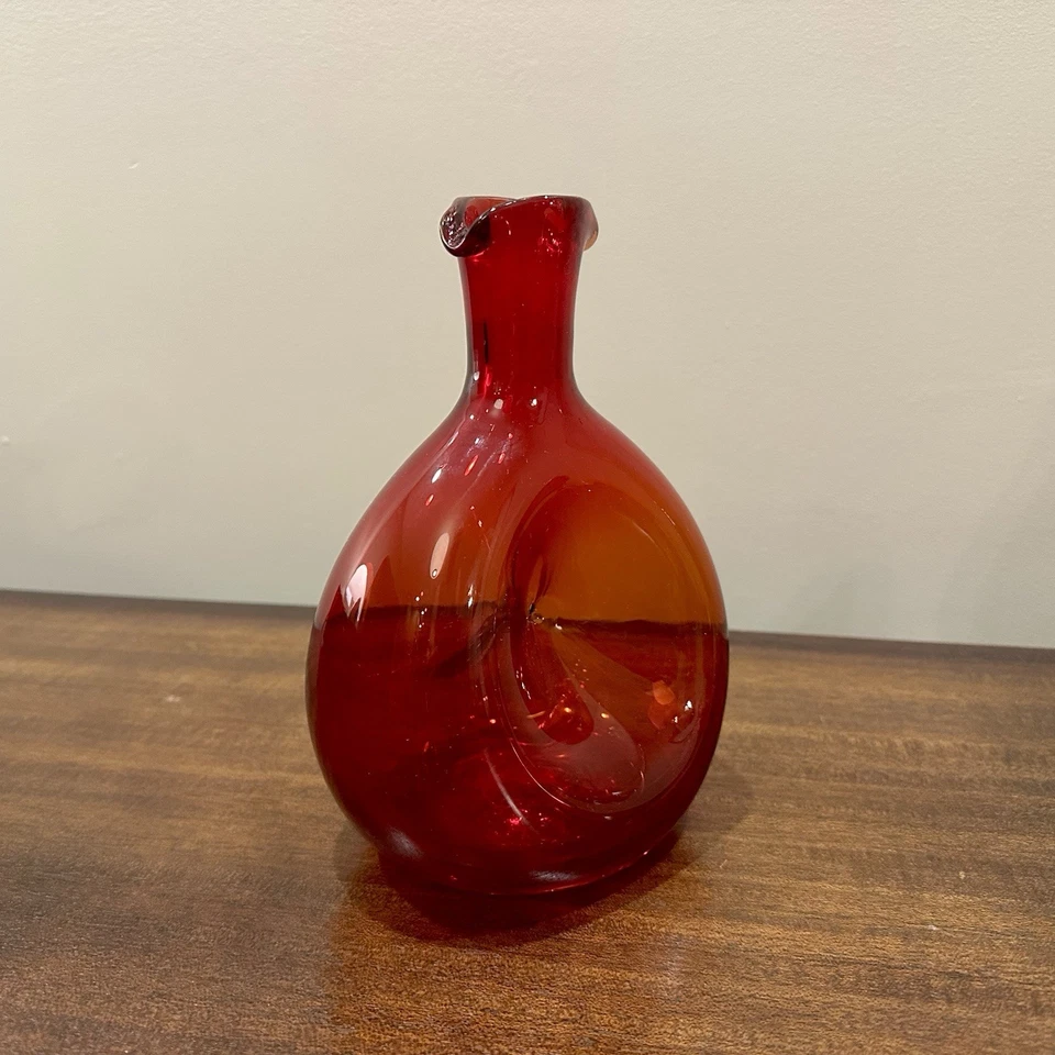 Vintage Blenko Ruby Red Glass Decanter - Pinched Dimple - No Stopper - 8.5 Inch - Image 2 of 4