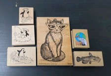 Vintage Rubber Stamp Lot - Cartoony Animals Penguins Cat And Catfish Wooden...