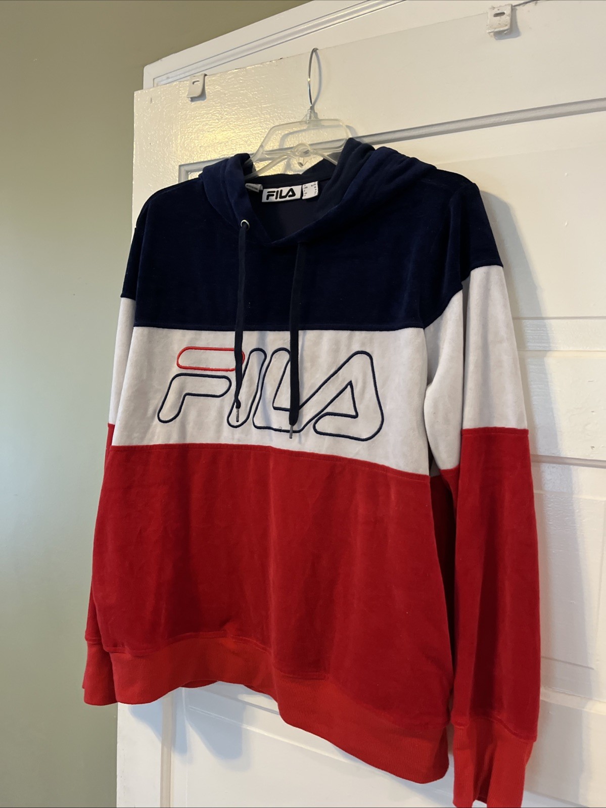 Felpa con cappuccio vintage uomo Fila Velour rosso bianco blu XL tasche frontali (LS)