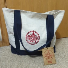 Trader Joes Reusable Tote Bag Large Blue Ivory Canvas Boat Style Logo LNWT