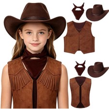 Kids Western Cowboy Open Front Vest with Bandanna Hat Carnival Party Costume