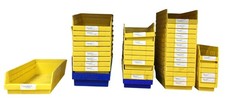 Mixed Lot of Yellow Stackable Bins - Approx 40 total in varying Sizes