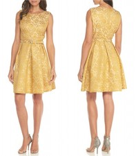 New! NINE WEST ~Size 16~ Ornate Print Jacquard Belted A-Line Dress Dijon Yellow