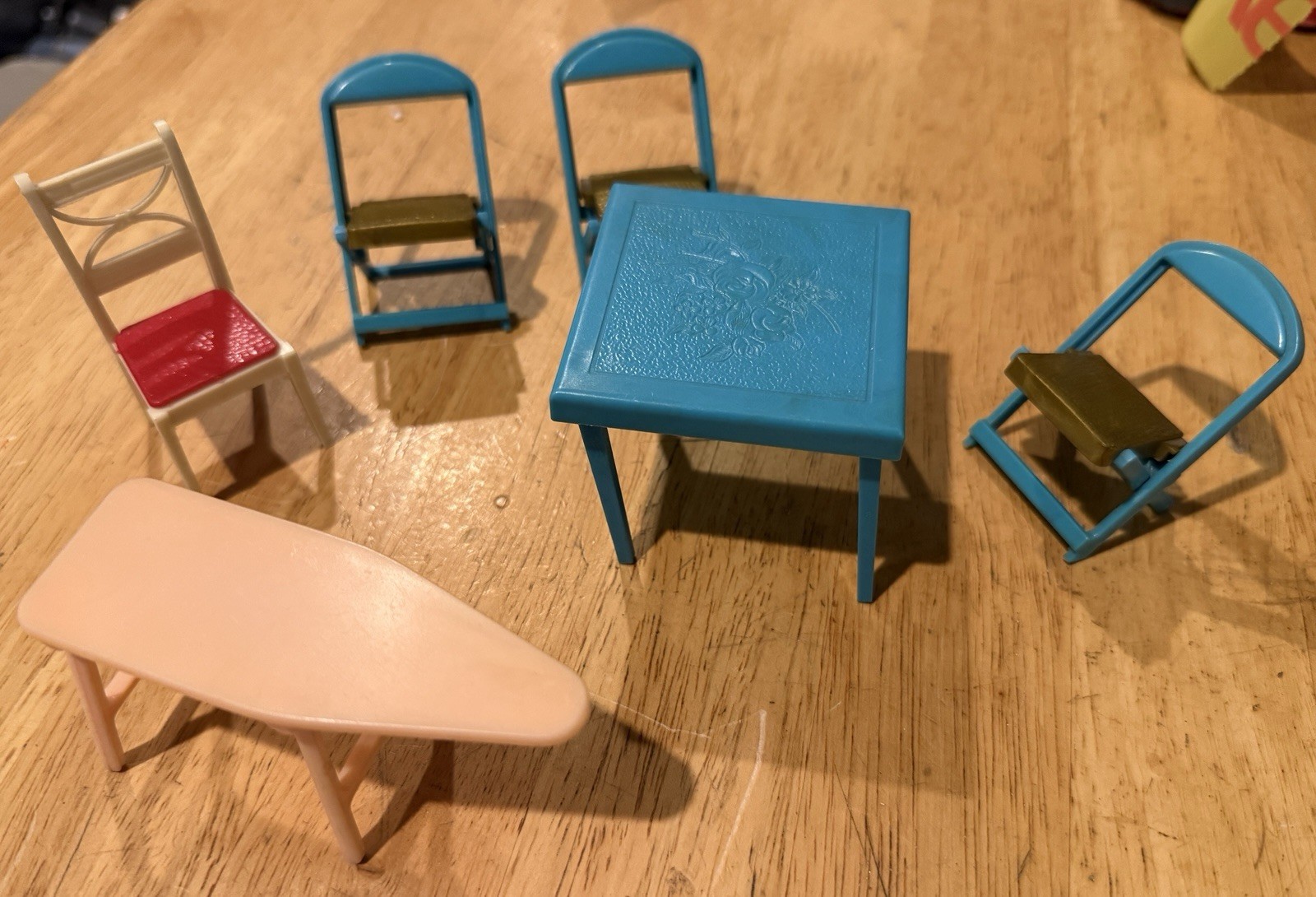 Vintage plastic dollhouse furniture set with card table ironing board and chair-image