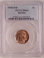 1938-D/D Buffalo 5c PCGS MS65 Deep Golden Orange Toning