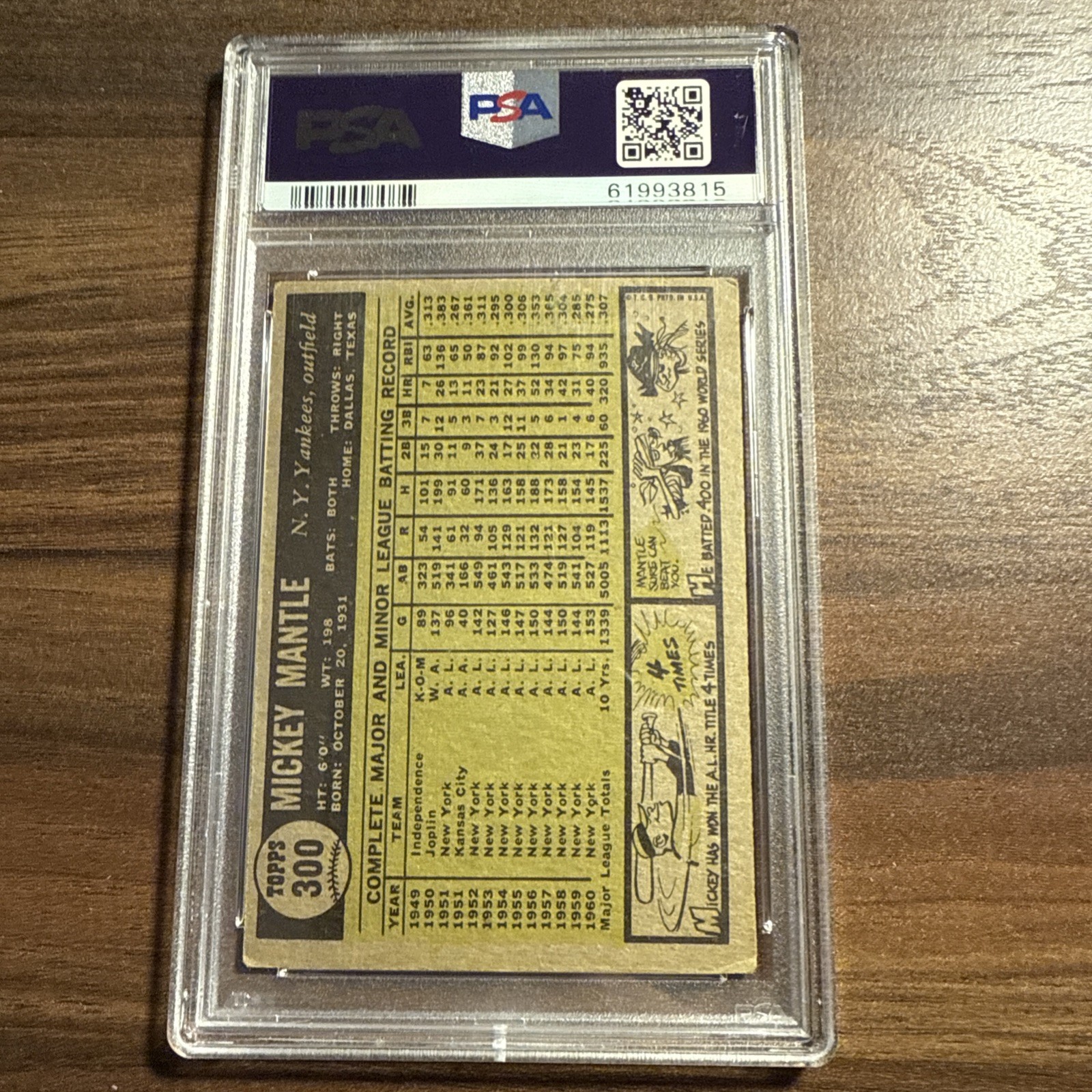 1961 TOPPS #300 MICKEY MANTLE NEW YORK YANKEES HOF VG PSA 3 view 3
