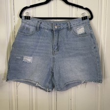 SHEIN Women Light Blue Washed Distressed Ripped Denim Jean Cut Off Shorts Sz 32