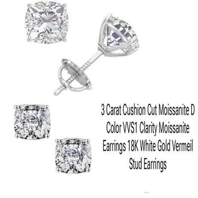 3ct tw Cushion Cut Moissanite Earrings D Color VVS1 Clarity Certification