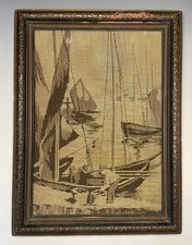 Antique French Jacquard Framed Nautical Ship Tapestry Art Deco Nouveau Revival