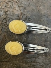 2 Victorian Yellow Fiore Oval Silver Large Snap-in Hair Clips