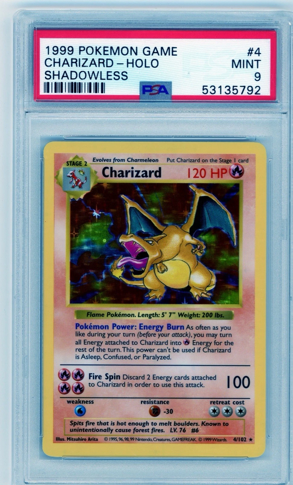 1999 Pokemon Game Base Set Charizard Holo Shadowless #4 PSA 9 Mint