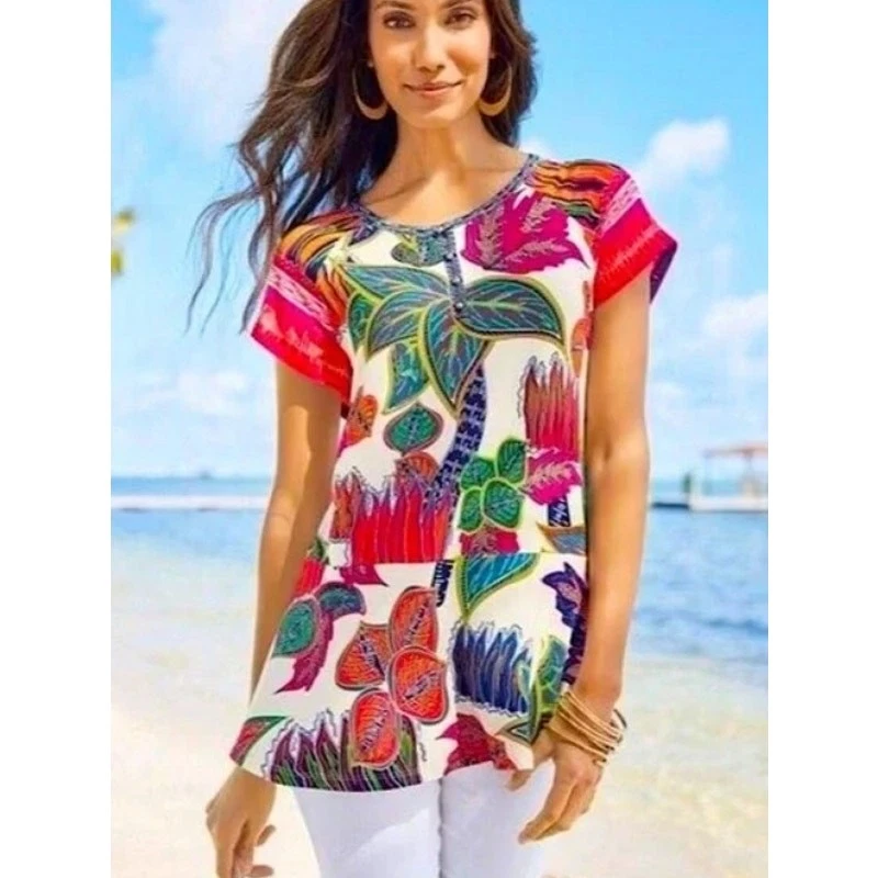 Top túnica Soft Surroundings para mujer M madera de tigre artístico boho costero resort playa Foto 2 de 4