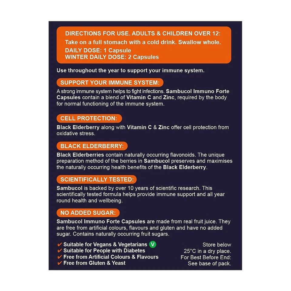 Sambucol Immuno Forte Black Elderberry Vitamin C & Zinc 30 Capsules - Imagem 2 de 2