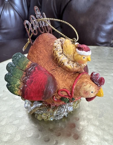 Hen And Chick On Nest Christmas Ornament Metal Tail