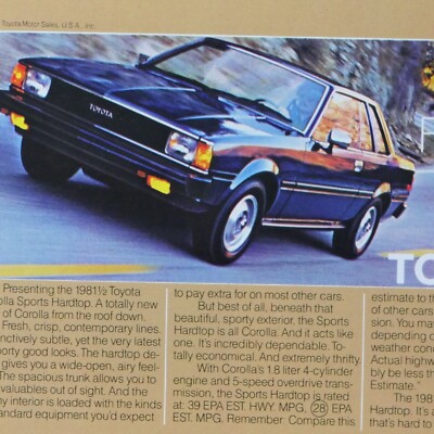 1981 Toyota Corolla Sports Hardtop Vintage Original Print Ad 8.5 x