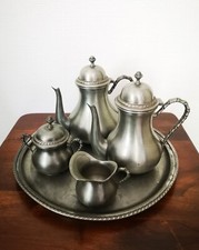 Ancien Service Café Thé Café en Étain Fin 95% Théière Plateau Pot à Lait Sucrier