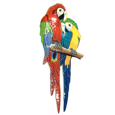 Macaw Parrot Pair 18'' Tropical Indoor Outdoor Decor Handcrafted Haitian Metal