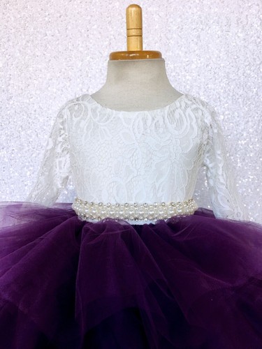 Ivory Lace 3/4 Sleeve Multicolor High Low Tulle Ruffle Flower Girl Dress Wedding - Picture 44 of 50