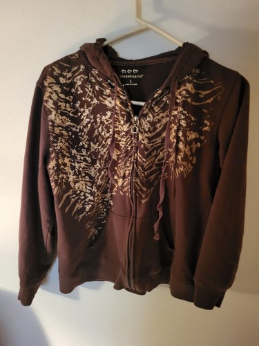 Three Hearts Size L Teen Brown Gold Sparkle Accents Hoodie Full Zip 24 L 21 Acro - Picture 15 of 24
