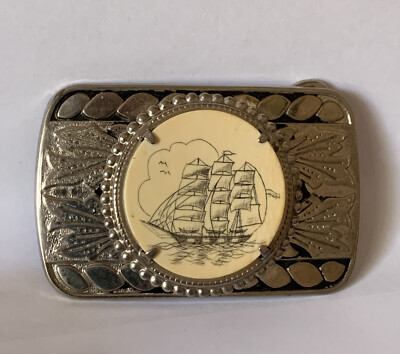 Vintage Belt Buckle Faux Scrimshaw Whaling Tall Ship  display picture 1