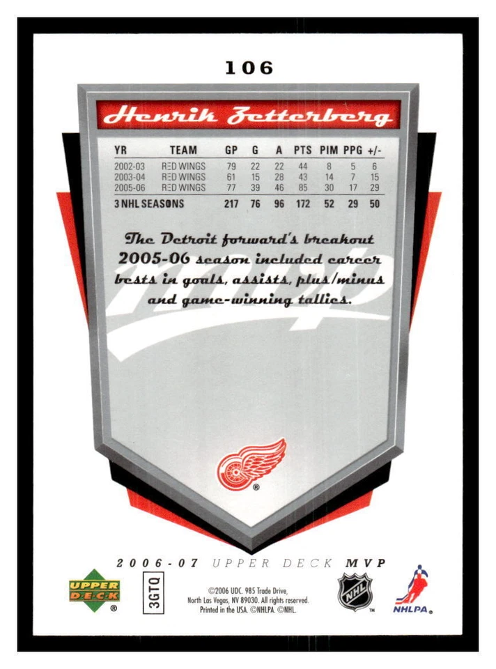 2006 Upper Deck MVP  #106 Henrik Zetterberg - Detroit Red Wings - Image 2 of 2