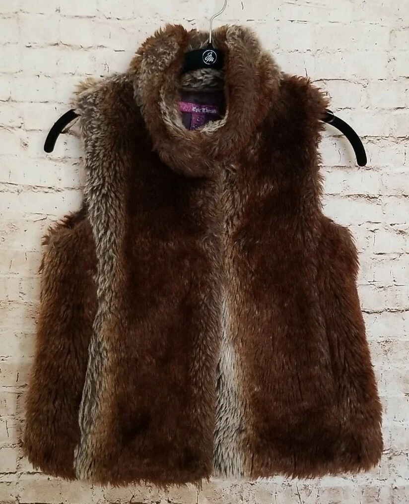 Epic Threads Girls Faux Fur Vest Jacket Youth Child Size Large Brown Pockets