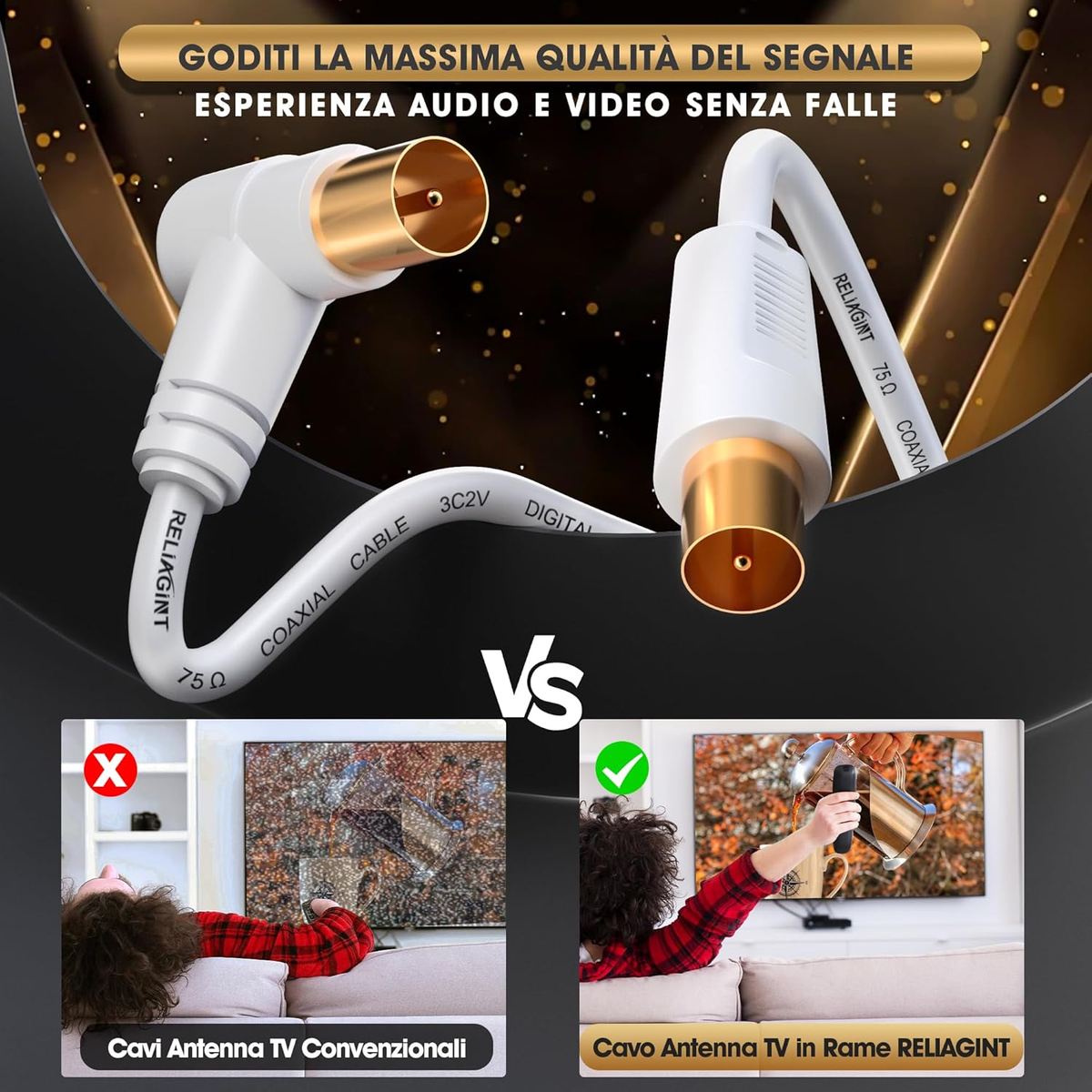 Cavo Coassiale Antenna TV 2m - Angolo Retto, Connettori Oro, Per Segnale Digitale