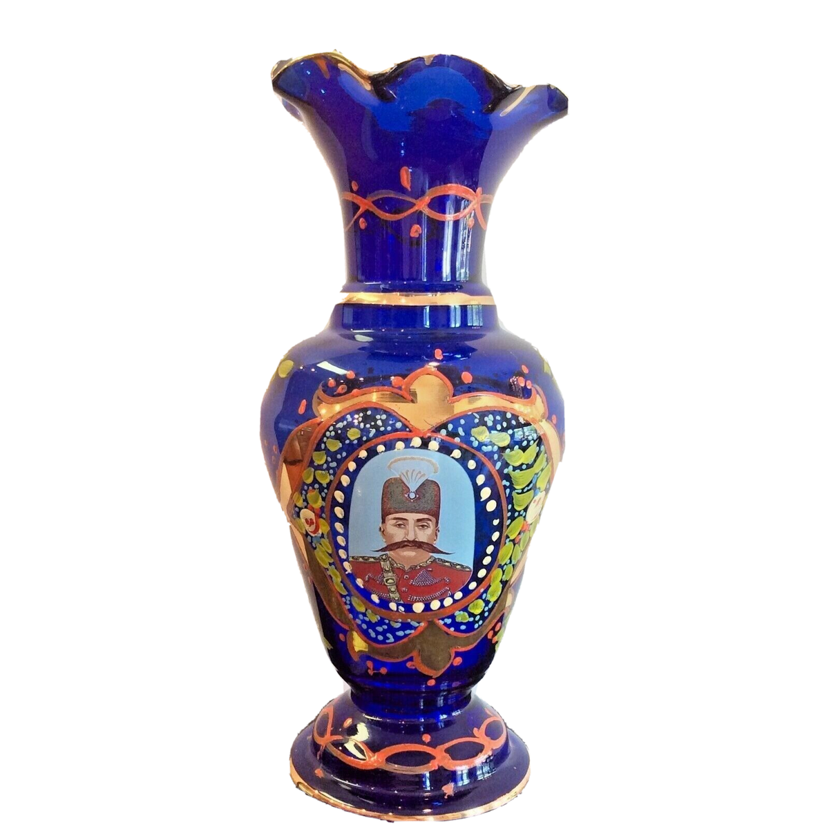 工芸品 BLUE ORIGINAL PERSIAN GLASS HAND MADE Antique Cobalt Blue Enameled Glass Vase Hand Blown Persian Qajar