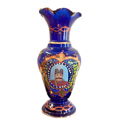 工芸品 BLUE ORIGINAL PERSIAN GLASS HAND MADE Antique Cobalt Blue Enameled Glass Vase Hand Blown Persian Qajar