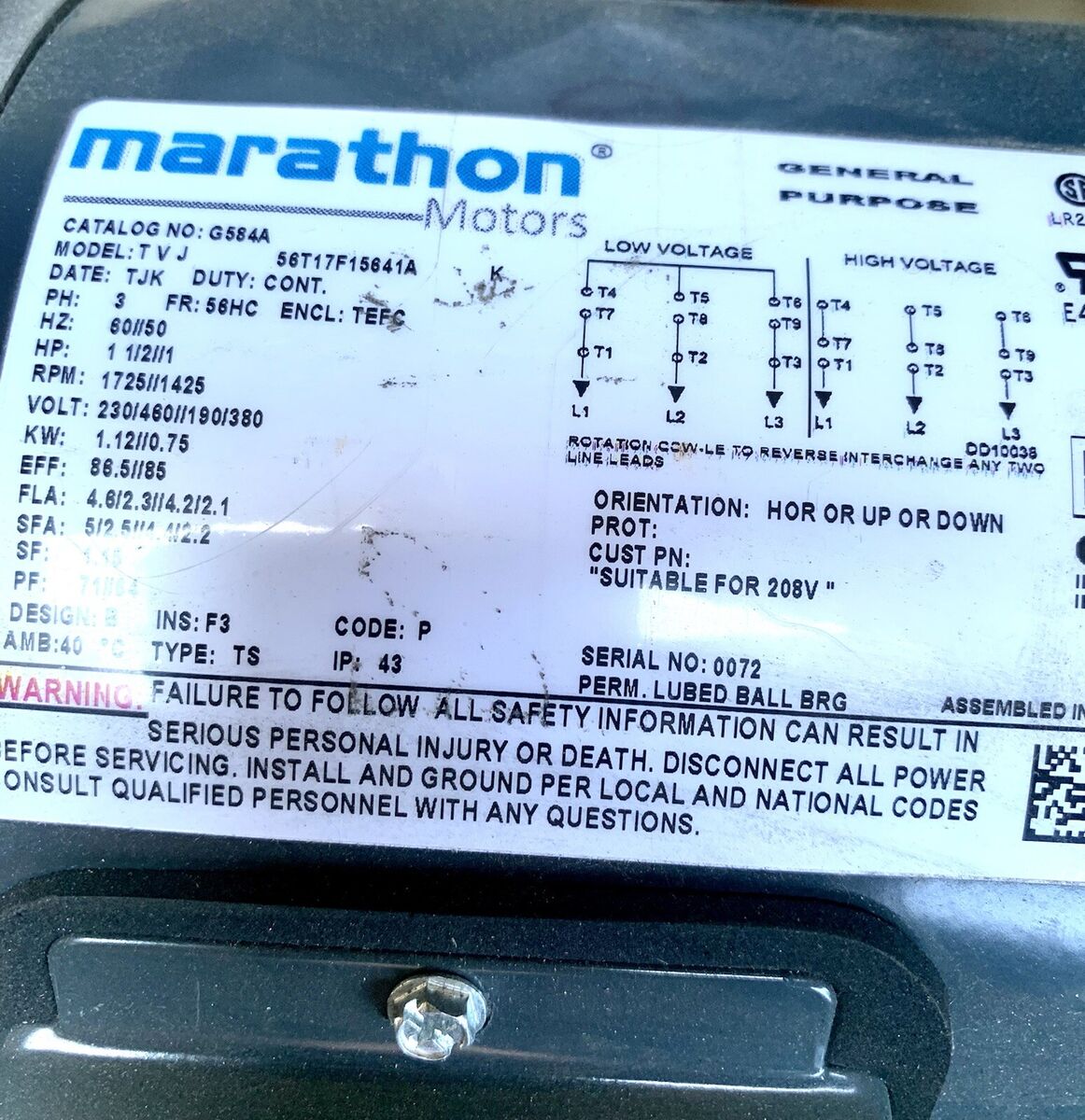 Marathon Motors 1.5 HP G584A Model TVJ NEW OPEN BOX Marathon Motors 1.5 HP G584A Model TVJ NEW OPEN BOX