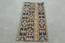 Vintage Small Rug 1,9x3,8 ft, Blue Brown Handmade Rug Wool
