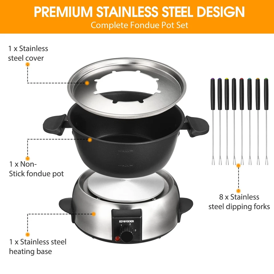 Conjunto de panela de fondue elétrica, 2 quartos 1000 watts máquina de fondue antiaderente com temperatura... - Imagem 3 de 4