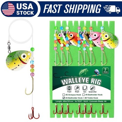 Walleye Rig with #4 Baitholder #8 Treble Hook, Spinner Rig Crawler Harness 7PCS