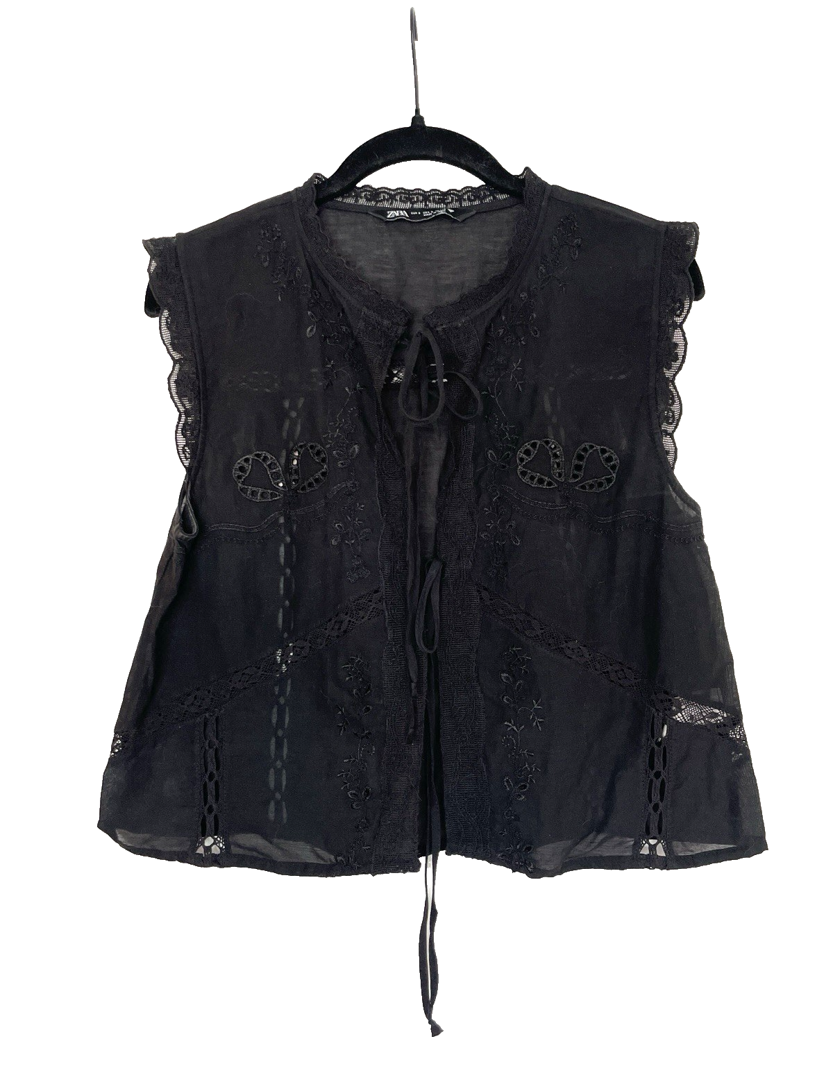 Zara Blouse Womens Small Sleeveless Blouse Front Double Tie Top Black