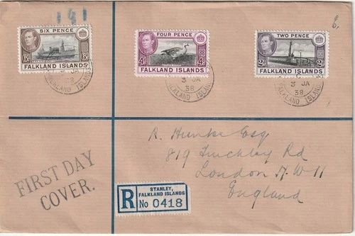 FALKLAND ISLANDS: First Day Cover, Registered  FDC, Stanley 1938.