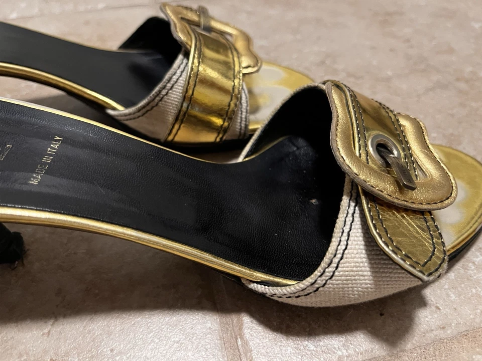复古 Fendi 正品金色 B 扣中跟鞋凉鞋 37.5 — 第 4/4 张图片