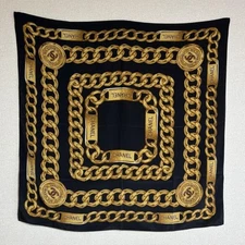 Chanel Large Silk Scarf Chain Pattern Coco Mark Black 85cm Used