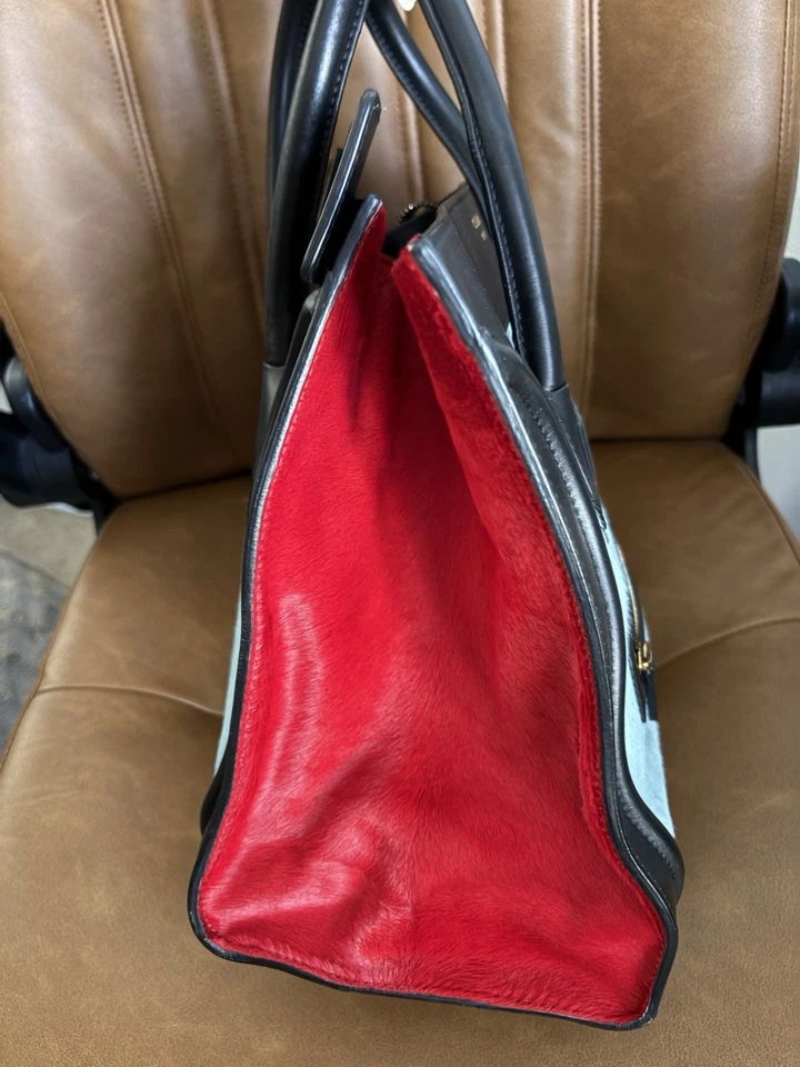 Mini bolso de mano de cuero de becerro con pelo de pony tricolor CELINE rojo beige Foto 3 de 4